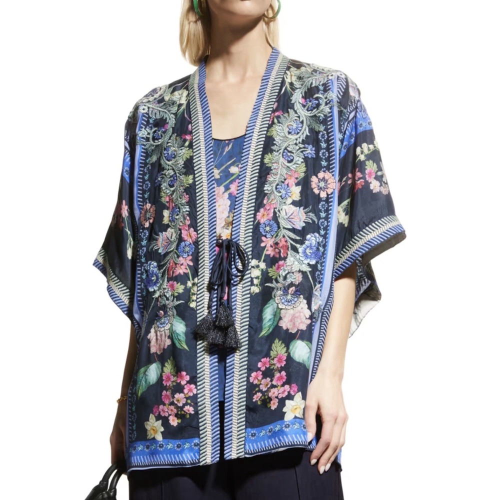 Johnny Was Leia Kimono Sz S 100% Silk Embroidered Crane Floral Asian Relaxed